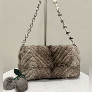 Gorgeous Real Mink Fur Handmade Zigzag Pattern Baguette Bag, Multi Use Style